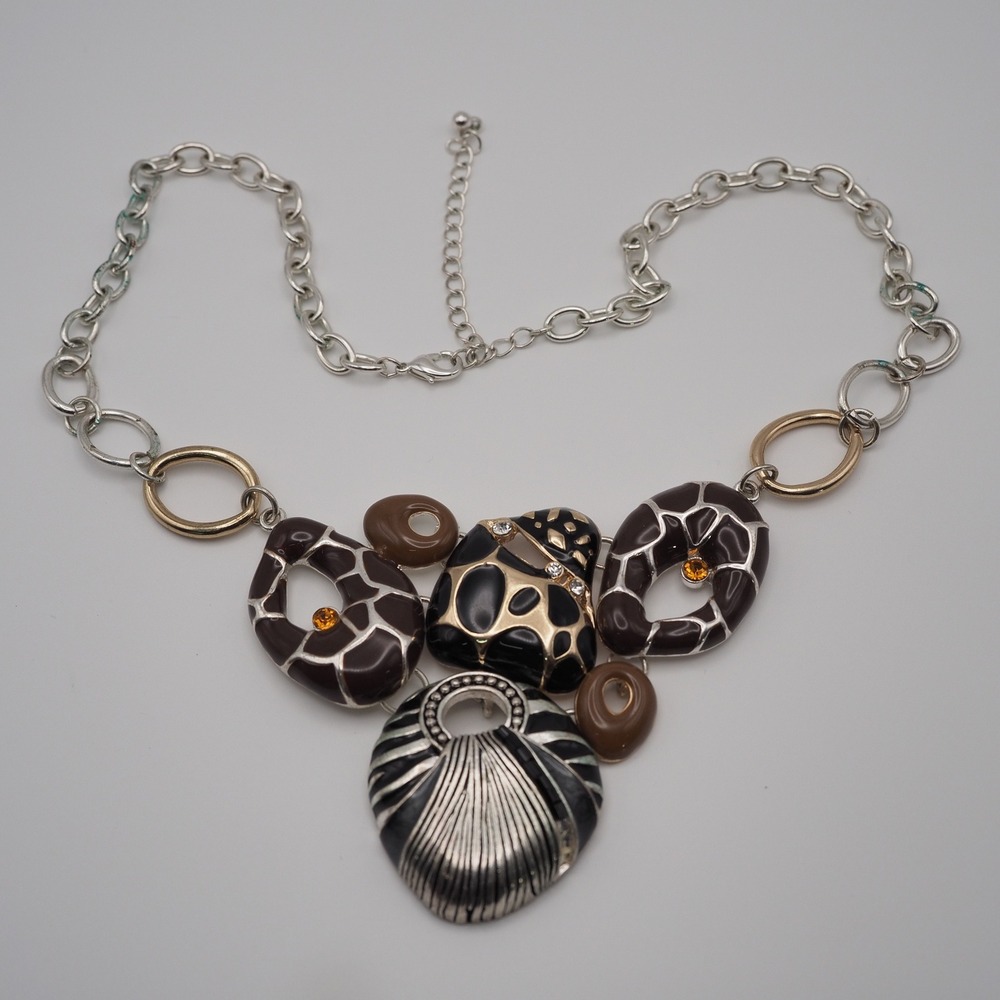 Chunky Necklace Animal Print Enamel Rhinestone Bib Mixed Metal Adjustable Chain
